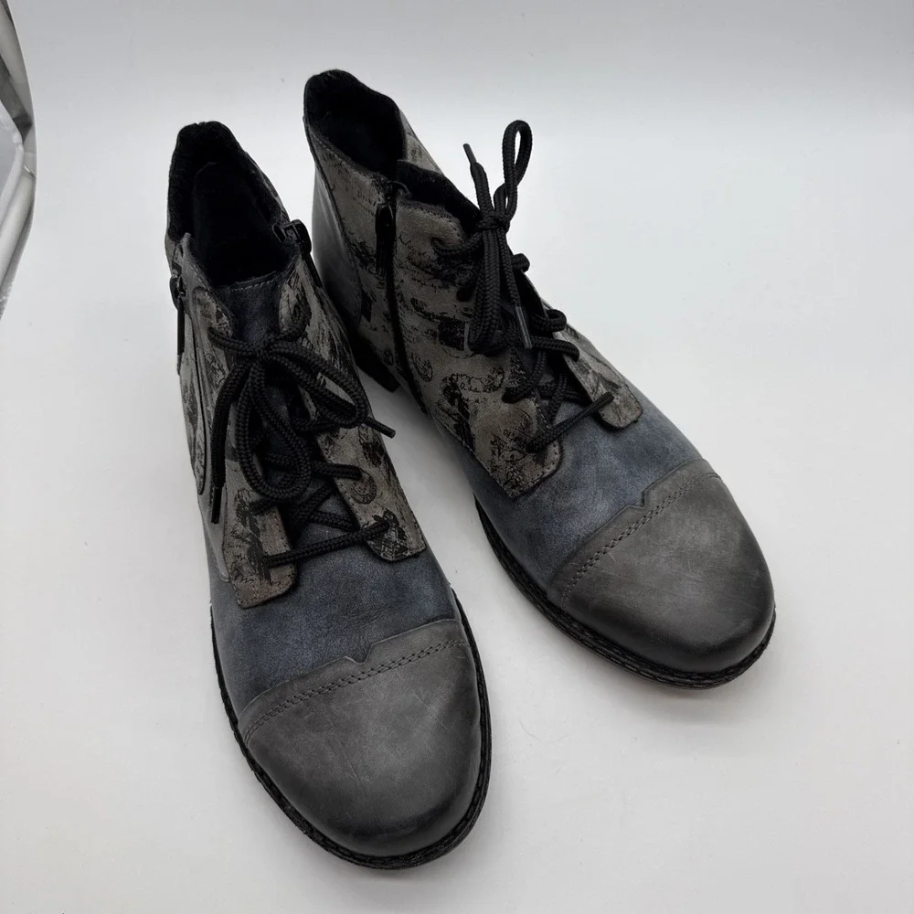 Remonte Chandra Boots Womens US 10/ EU 41 Gray Leather Lace Up Zip Ankle Booties